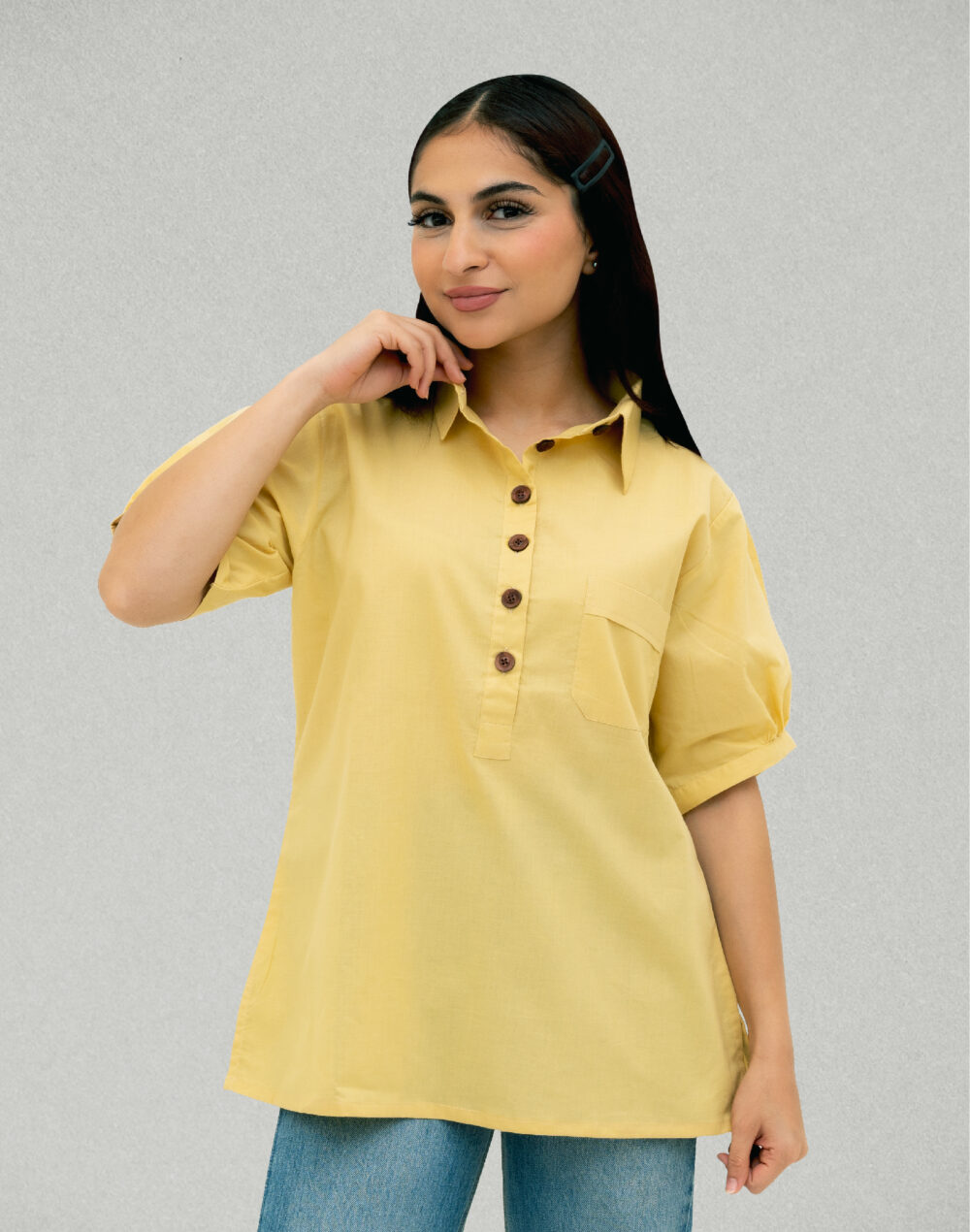 Organic Yellow Pleated Cotton Top – Half Sleeves & Collared - Image 2