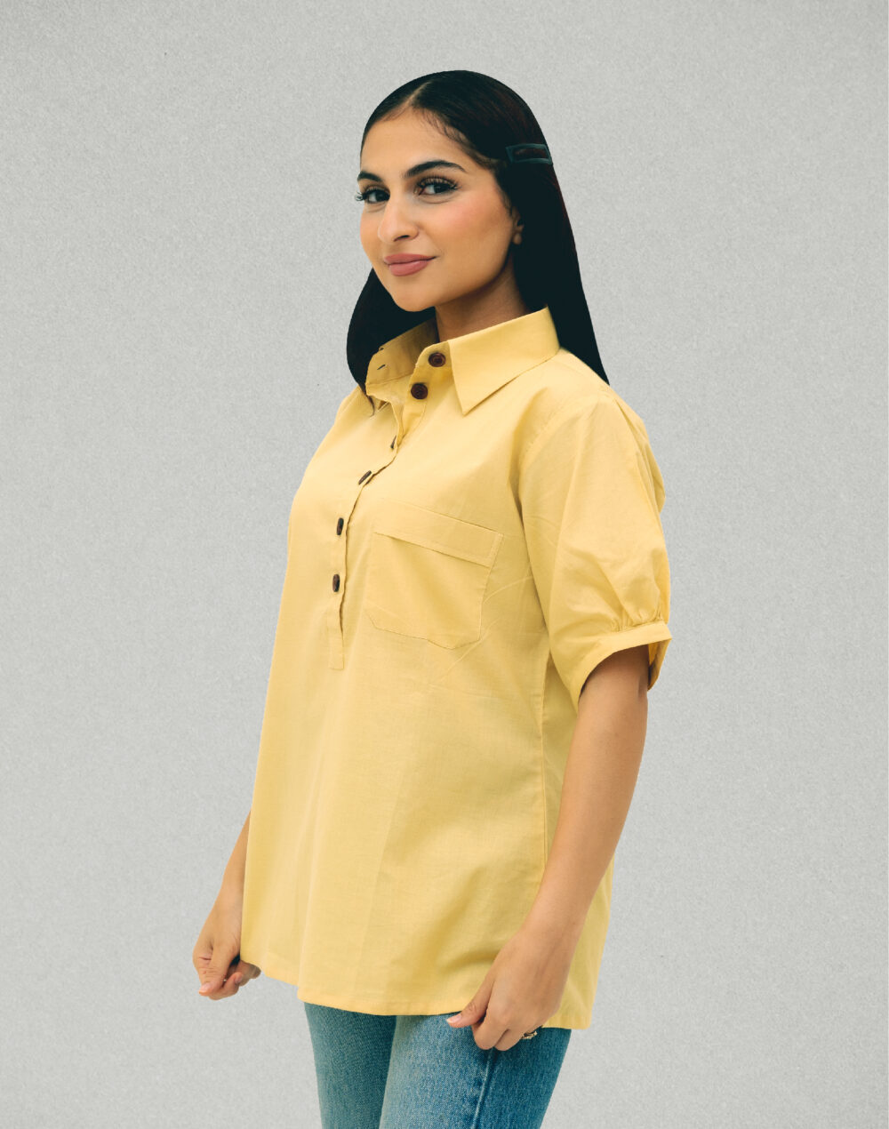 Organic Yellow Pleated Cotton Top – Half Sleeves & Collared - Image 3