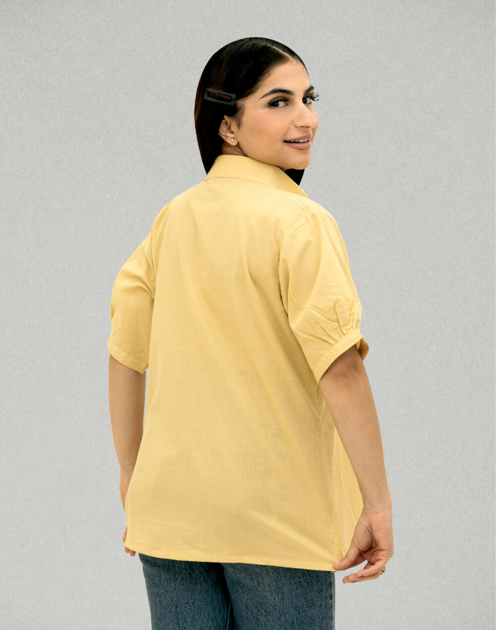 Organic Yellow Pleated Cotton Top – Half Sleeves & Collared - Image 4