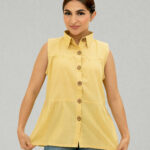 Organic Yellow Sleeveless Cotton Top – Pleated & Collared