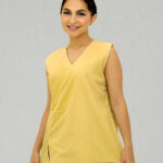 Organic Yellow V-Neck Pleated Cotton Top with Side Slit