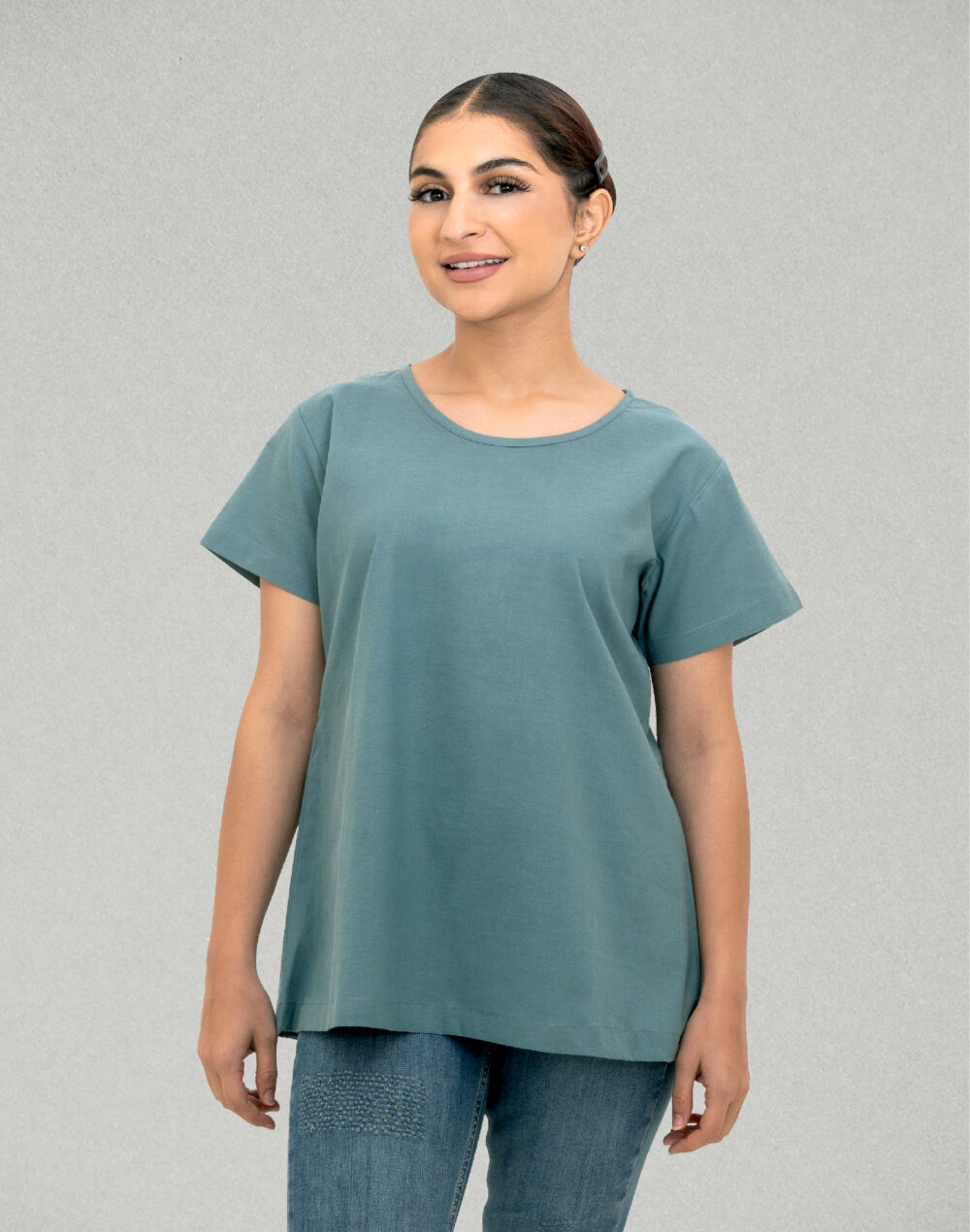 Organic Teal Round Neck Cotton Top – Half Sleeves & Herbal Dyed - Image 2