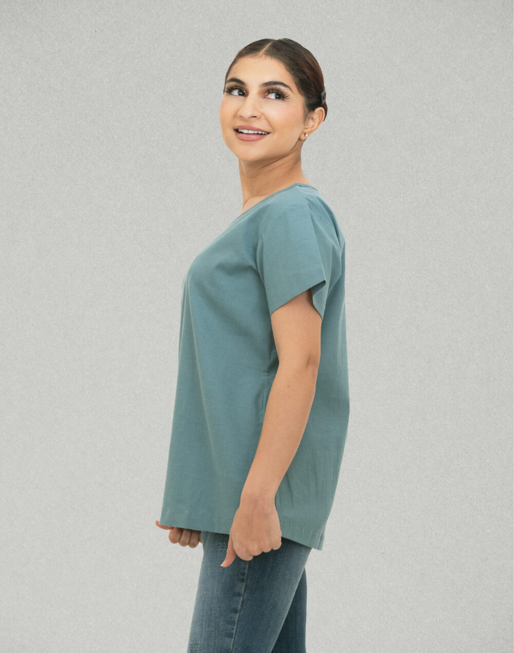 Organic Teal Round Neck Cotton Top – Half Sleeves & Herbal Dyed - Image 3