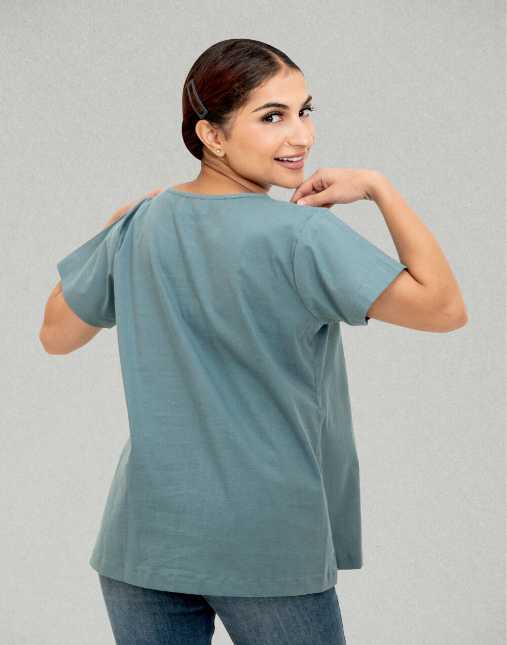 Organic Teal Round Neck Cotton Top – Half Sleeves & Herbal Dyed - Image 4
