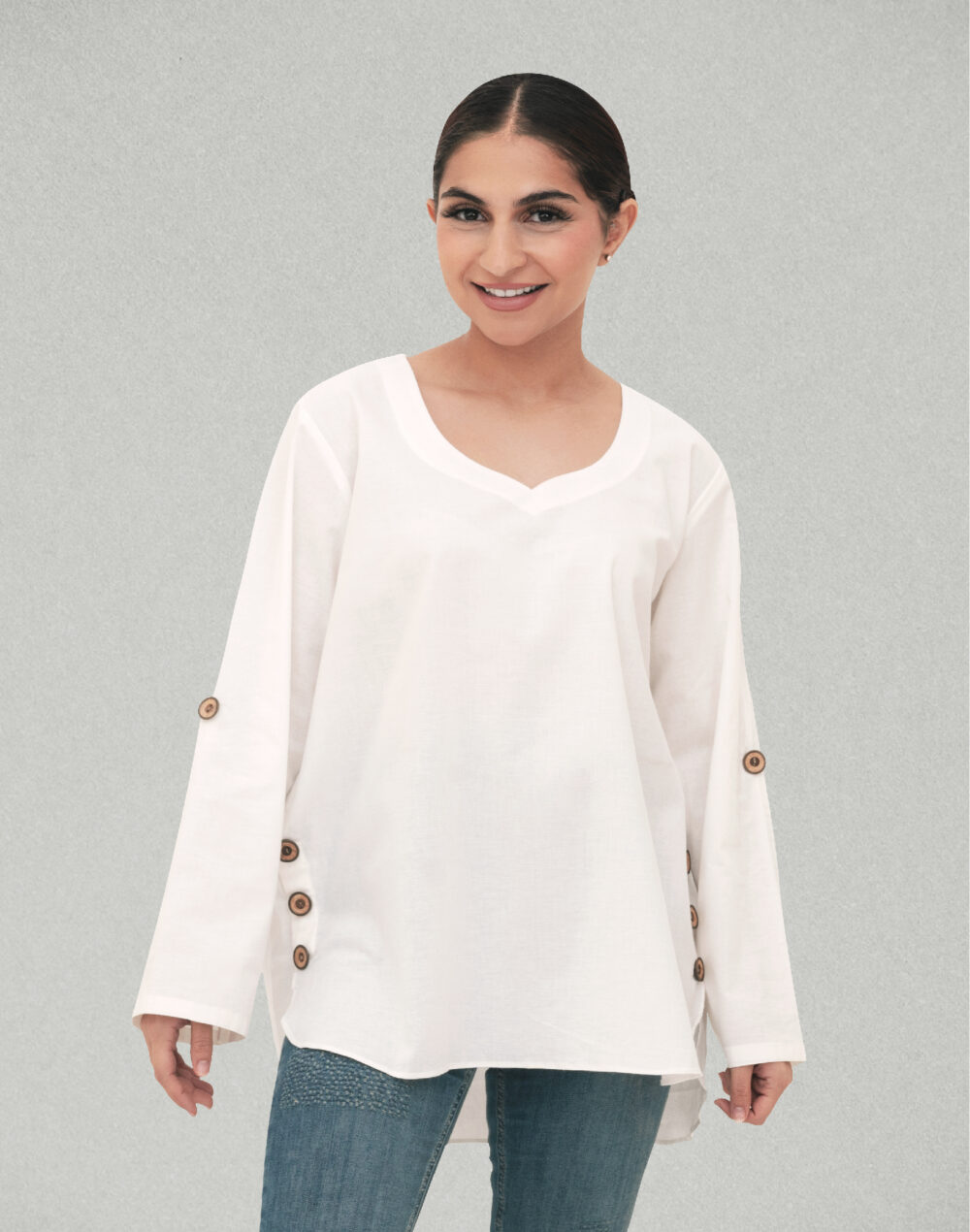 Organic White V-Neck Freestyle Cotton Top – Herbal Dyed - Image 2