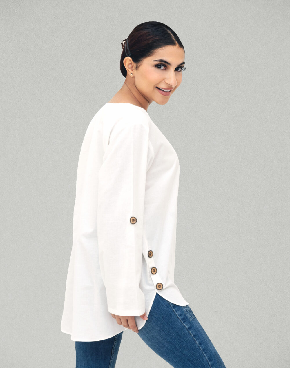 Organic White V-Neck Freestyle Cotton Top – Herbal Dyed - Image 3