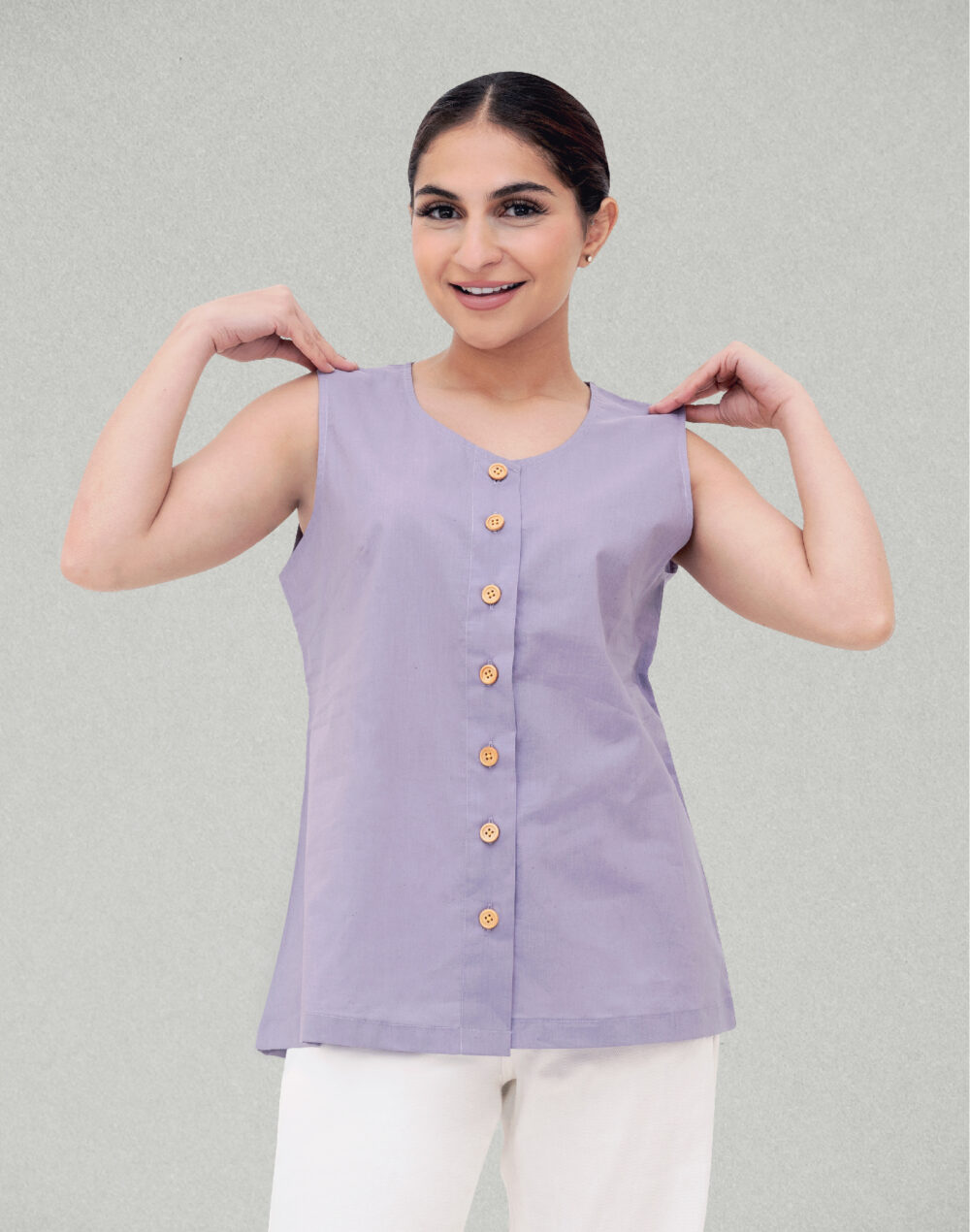 Herbal Dyed Organic Lavender lilac round neck sleeveless top - Image 2