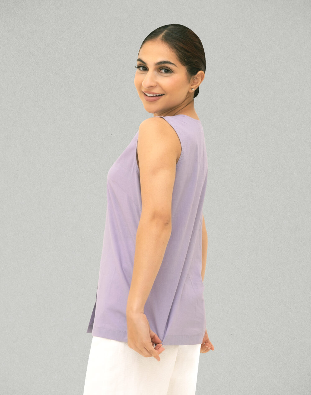 Herbal Dyed Organic Lavender lilac round neck sleeveless top - Image 3