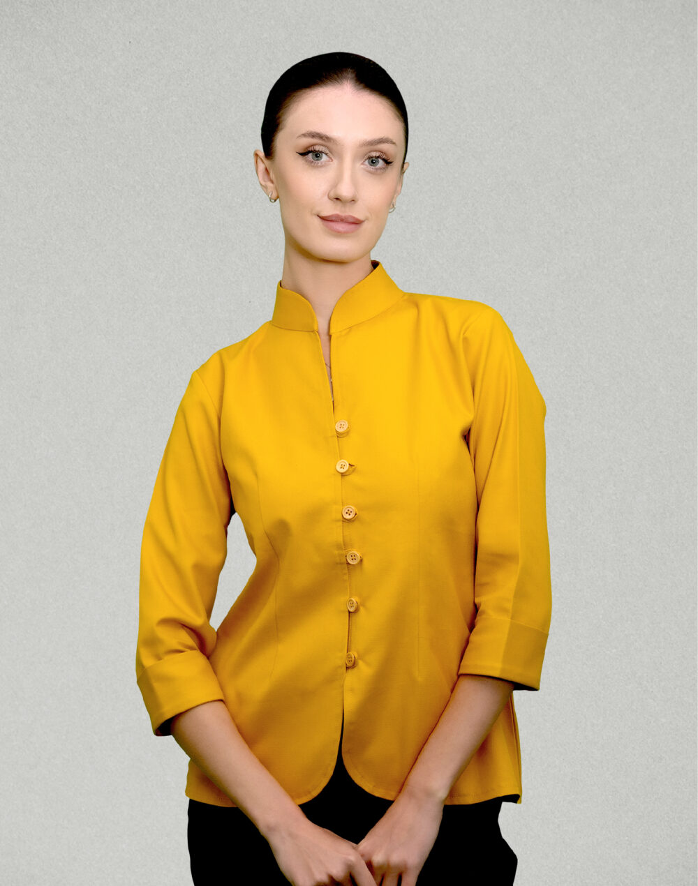 Organic Matty Yellow Collared Jacket/Top with 3/4th sleeves – a vibrant and sustainable fashion staple for women.
