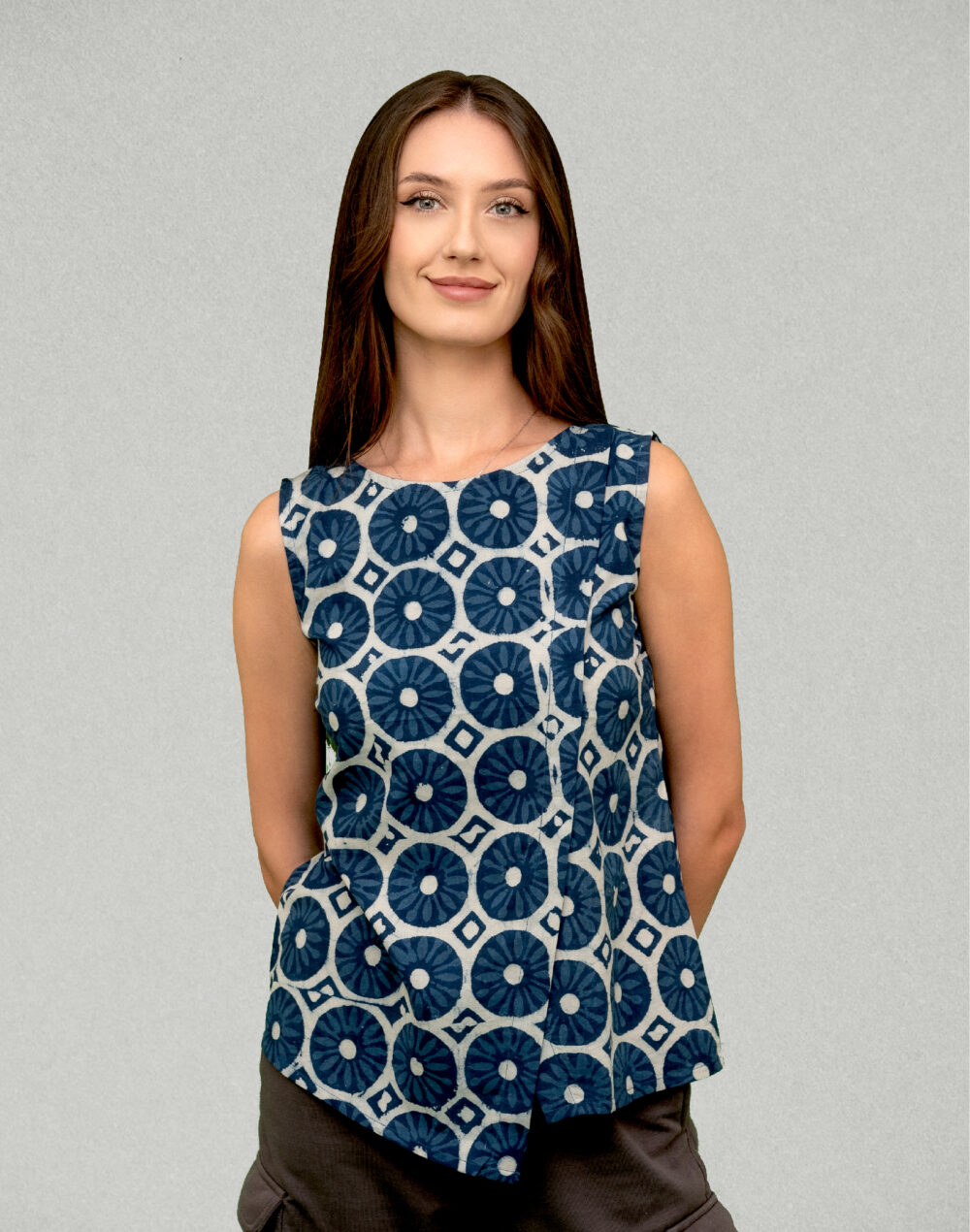 Organic Cotton Block Print Sleeveless Top – Blue & White