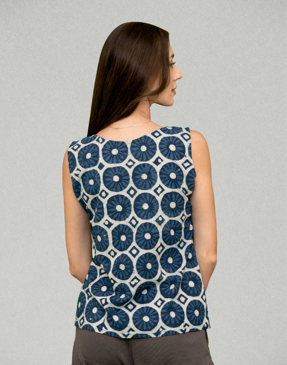 Organic Cotton Block Print Sleeveless Top – Blue & White - Image 2