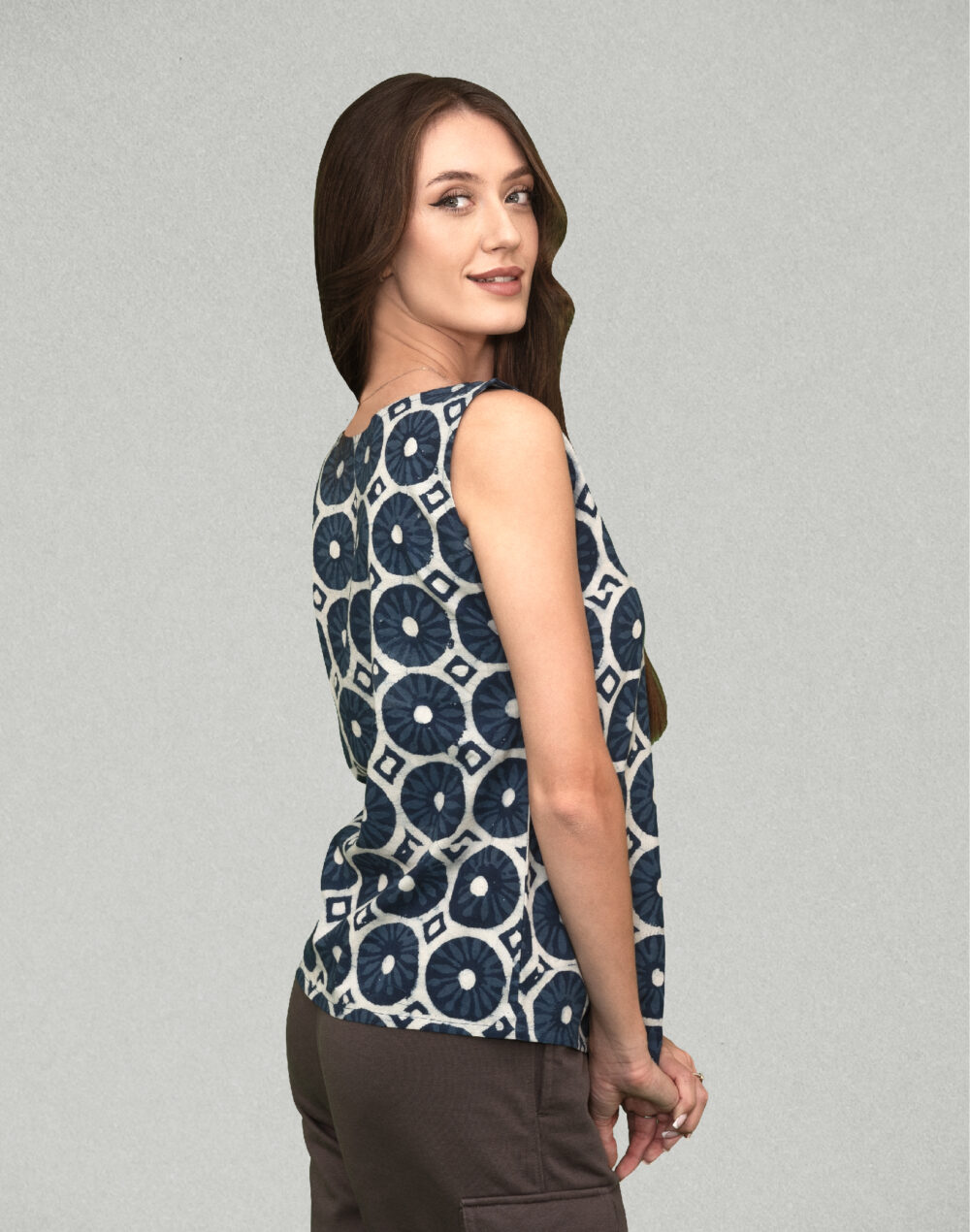Organic Cotton Block Print Sleeveless Top – Blue & White - Image 3
