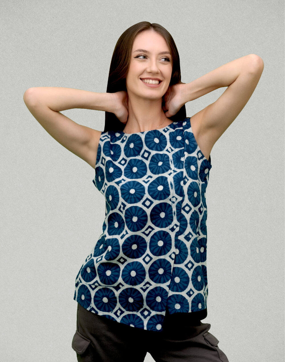 Organic Cotton Block Print Sleeveless Top – Blue & White - Image 4