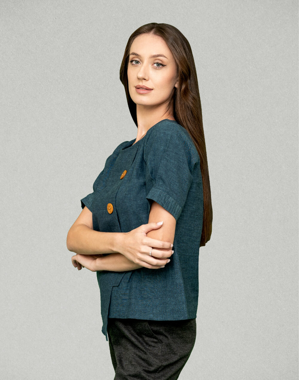 Organic Blue Round Neck Cotton Top with Pleated Sleeves - Image 2