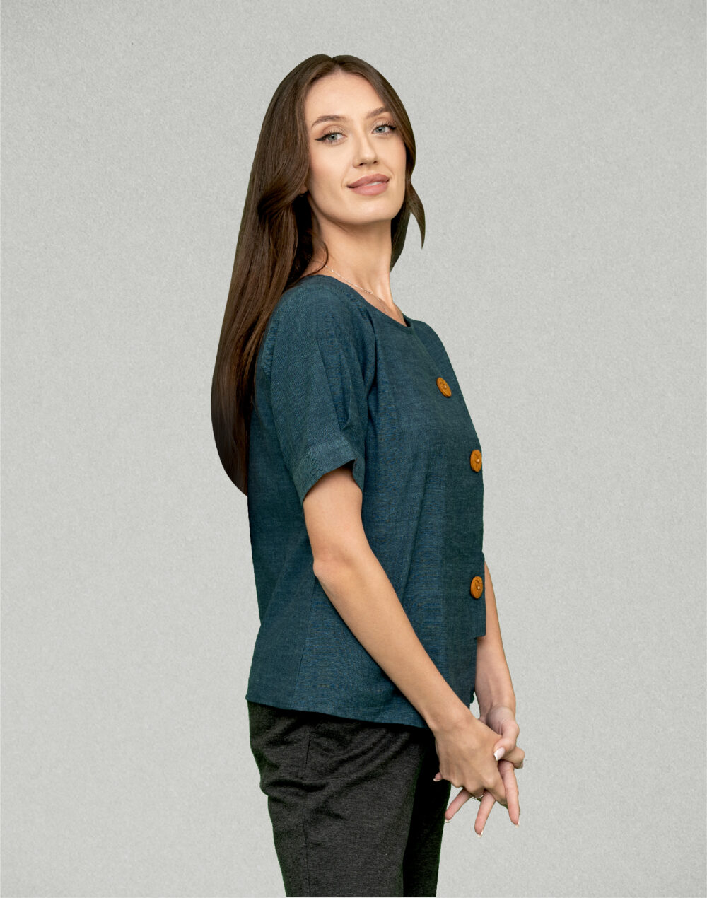 Organic Blue Round Neck Cotton Top with Pleated Sleeves - Image 3