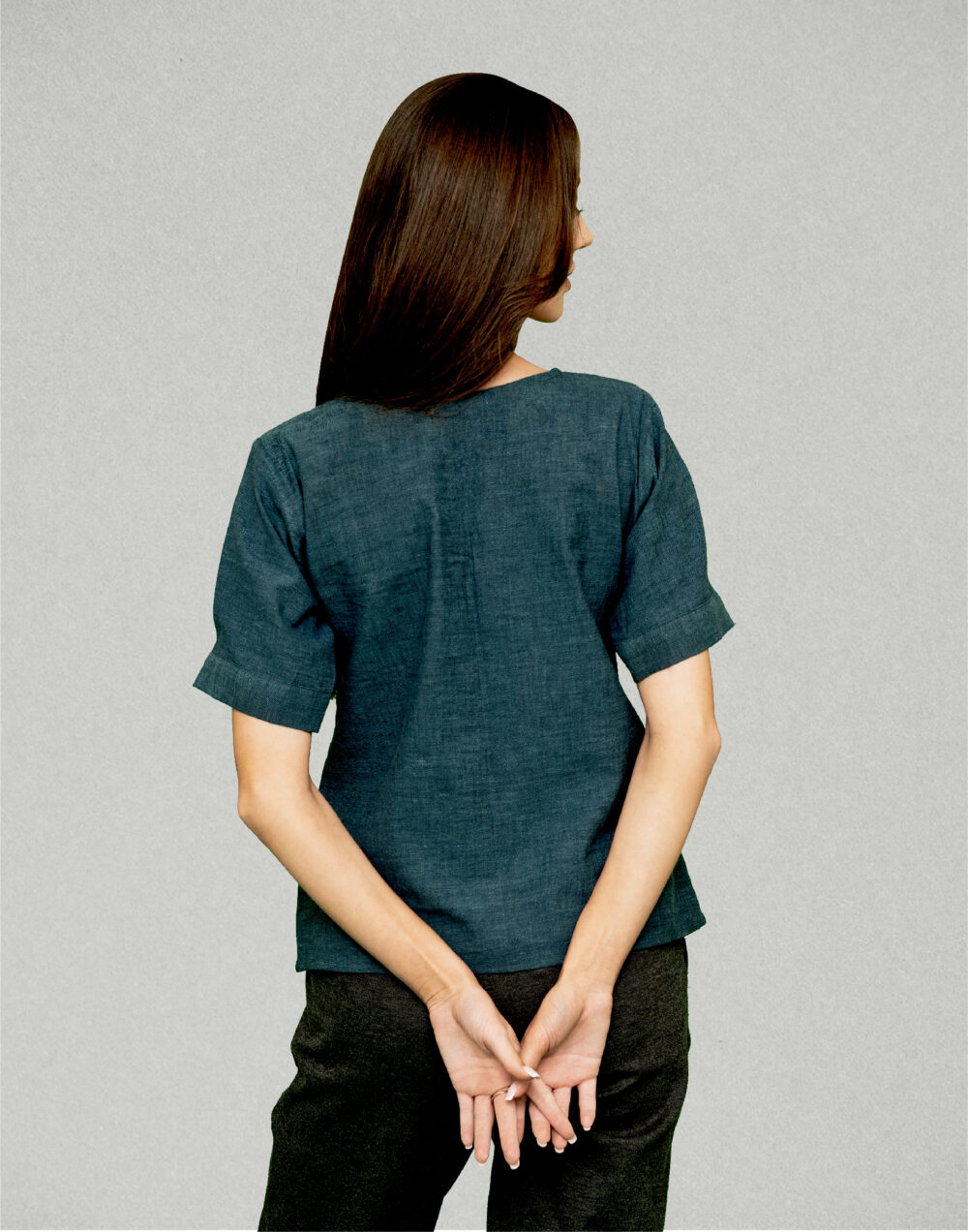 Organic Blue Round Neck Cotton Top with Pleated Sleeves - Image 4