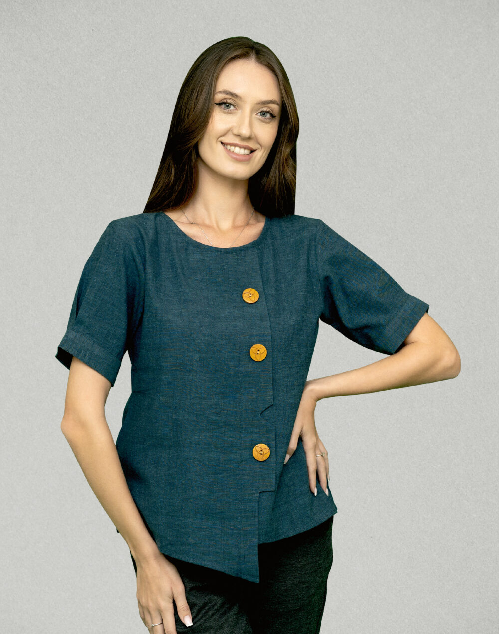 Organic Blue Round Neck Cotton Top with Pleated Sleeves – Handloom Khadi & Eco-Friendly