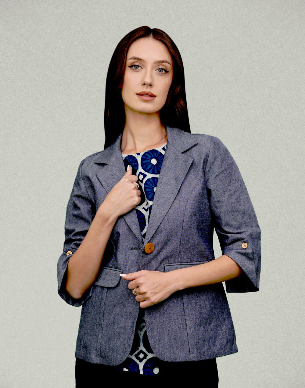 Elegant Chambray 3/4th Sleeve Jacket – Sustainable & Versatile