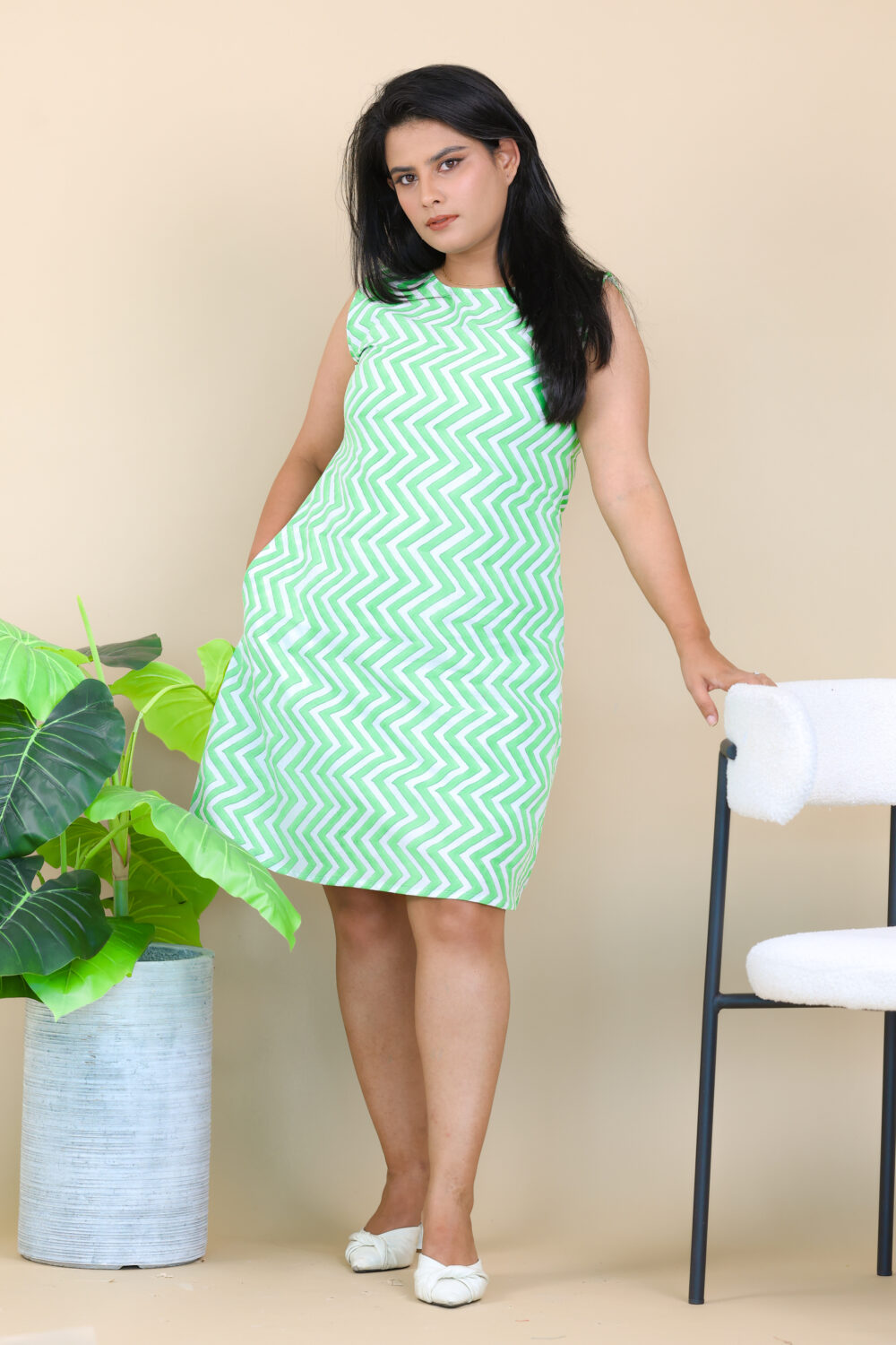 Green Hand Block Printed Cotton Dress - Image 2