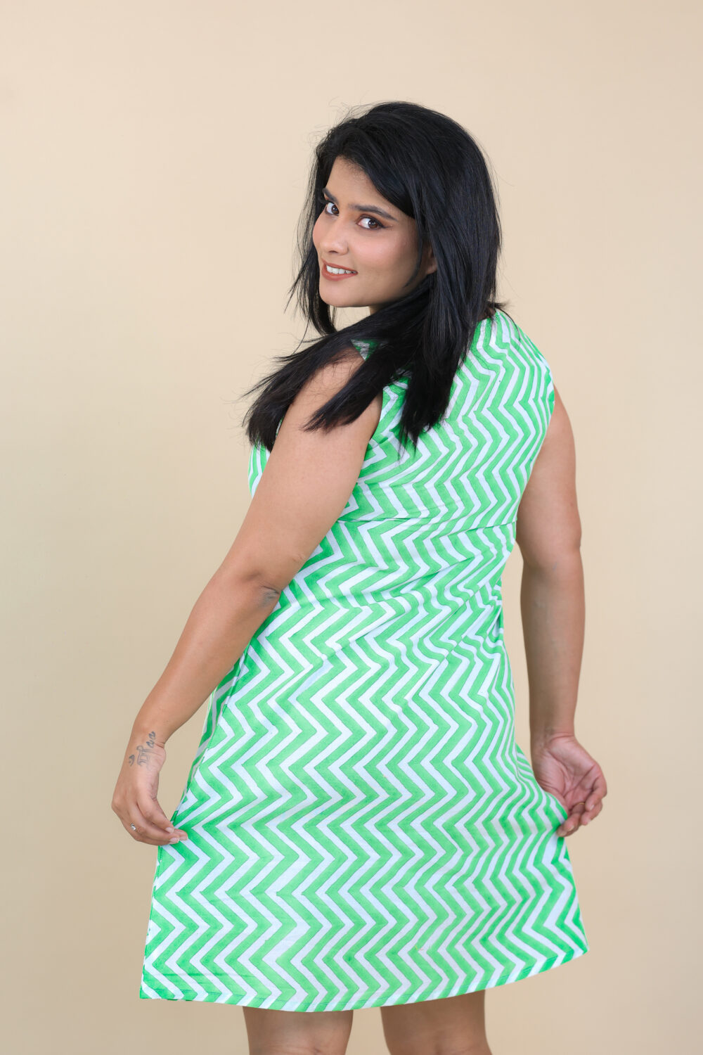 Green Hand Block Printed Cotton Dress - Image 3