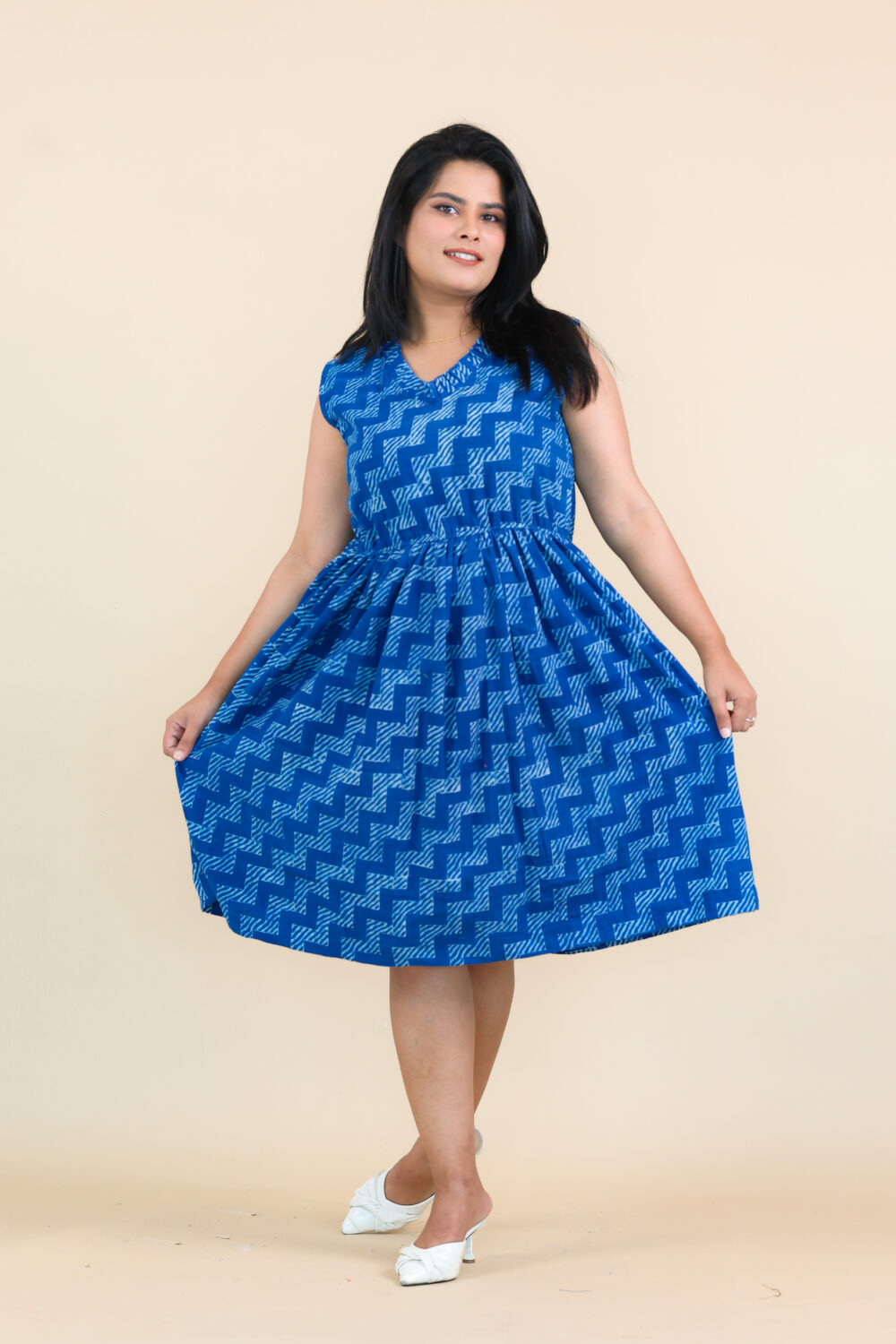 Blue Block Printed Cotton Dress – Comfortable & Stylish