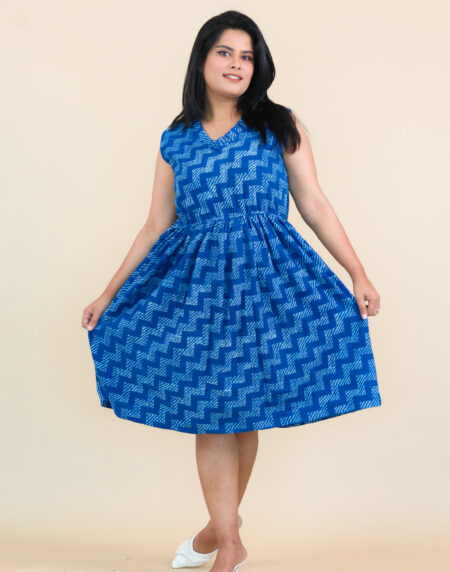 Blue Block Printed Cotton Dress – Comfortable & Stylish