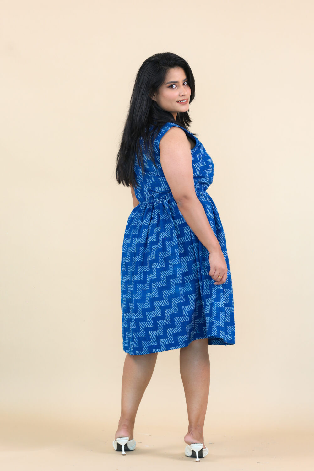 Blue Block Printed Cotton Dress - Image 4