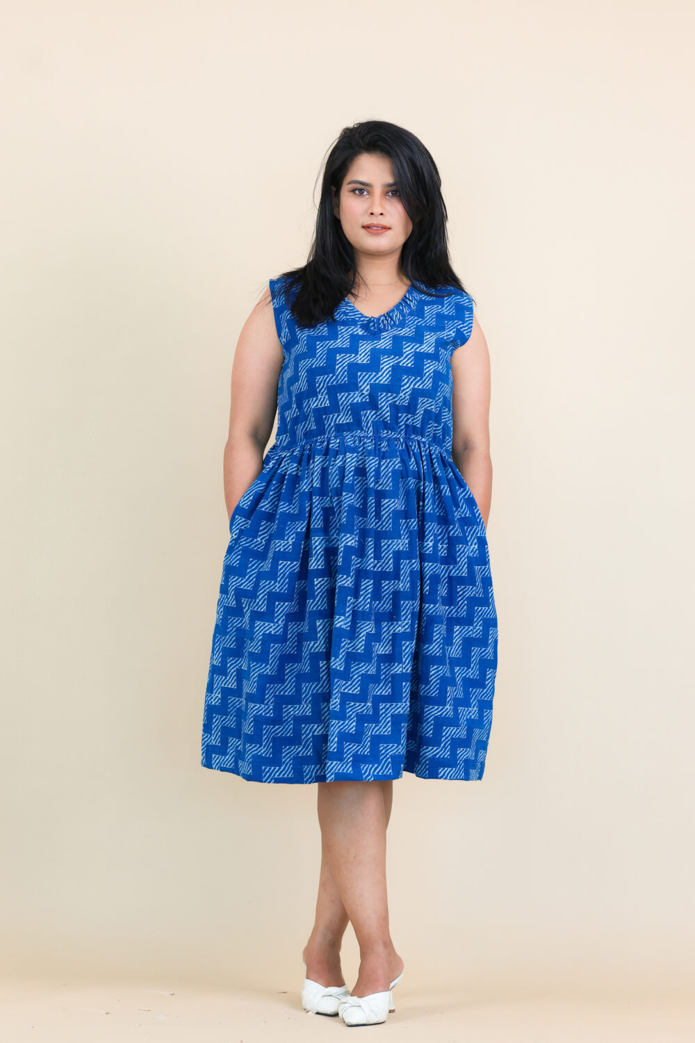 Blue Block Printed Cotton Dress - Image 3