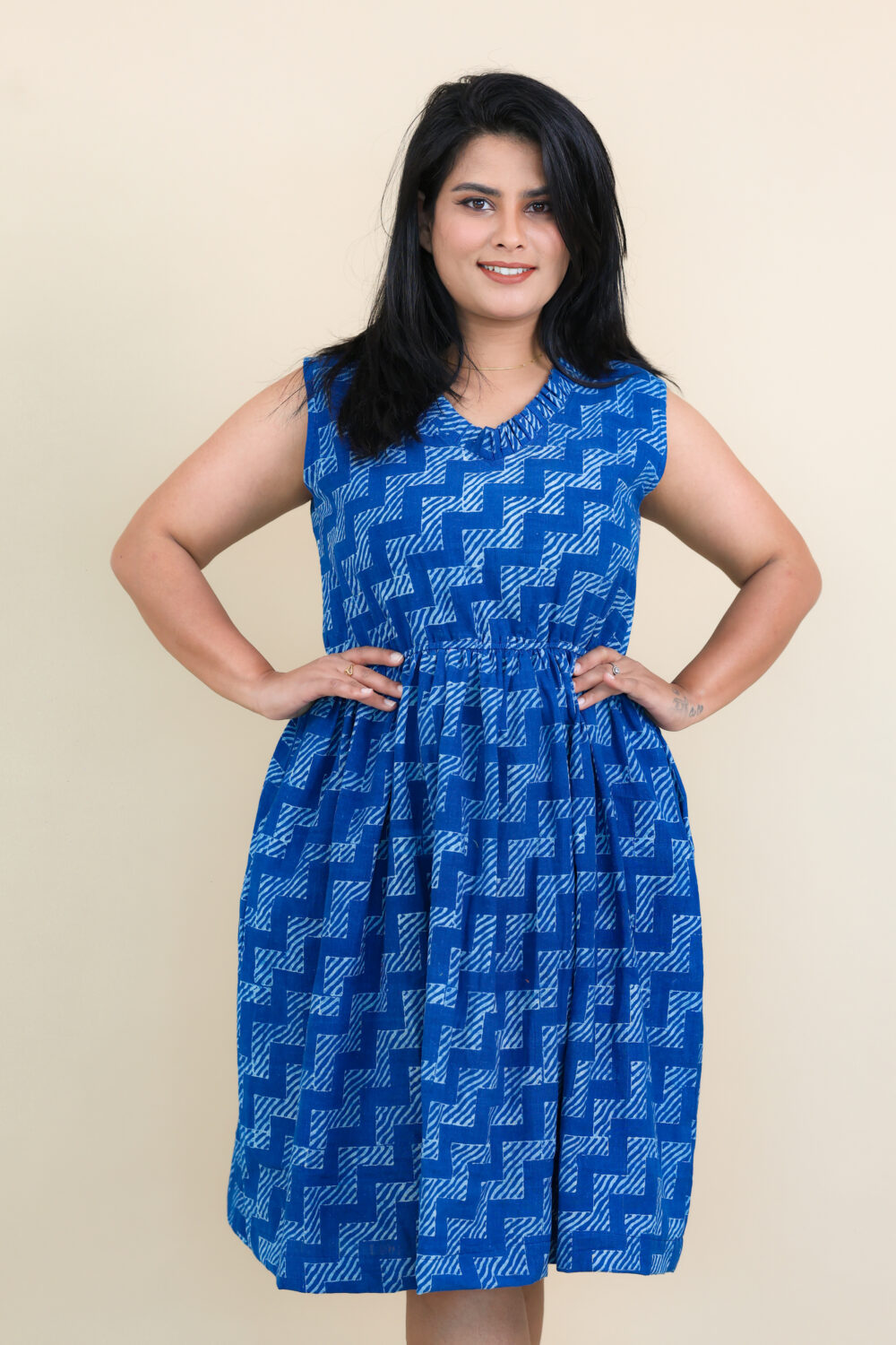 Blue Block Printed Cotton Dress - Image 2