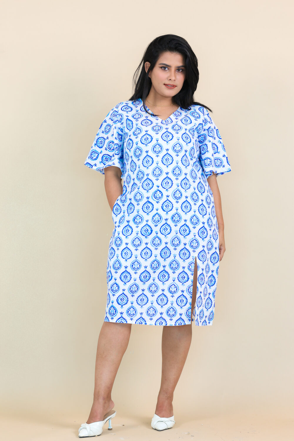Blue and White Printed Cotton Dress - Image 3