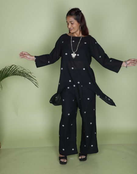Polka Dot Jamdani Set – Handwoven Black Cotton Outfit with White Dots