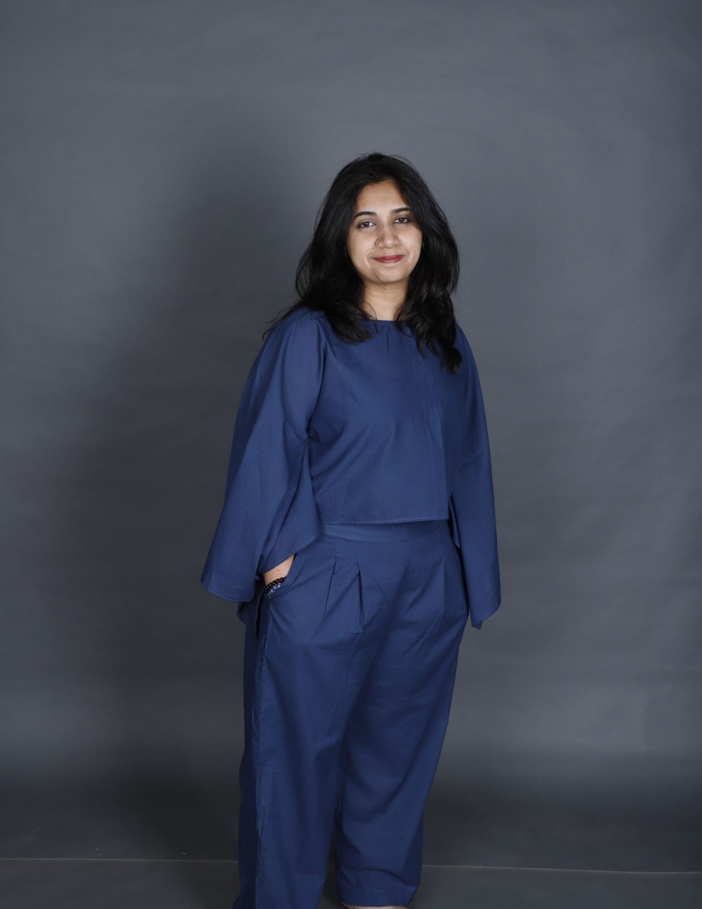 Indigo Blue Co-ord Set – Elegant Cambric Cotton Outfit with Slit Sleeves