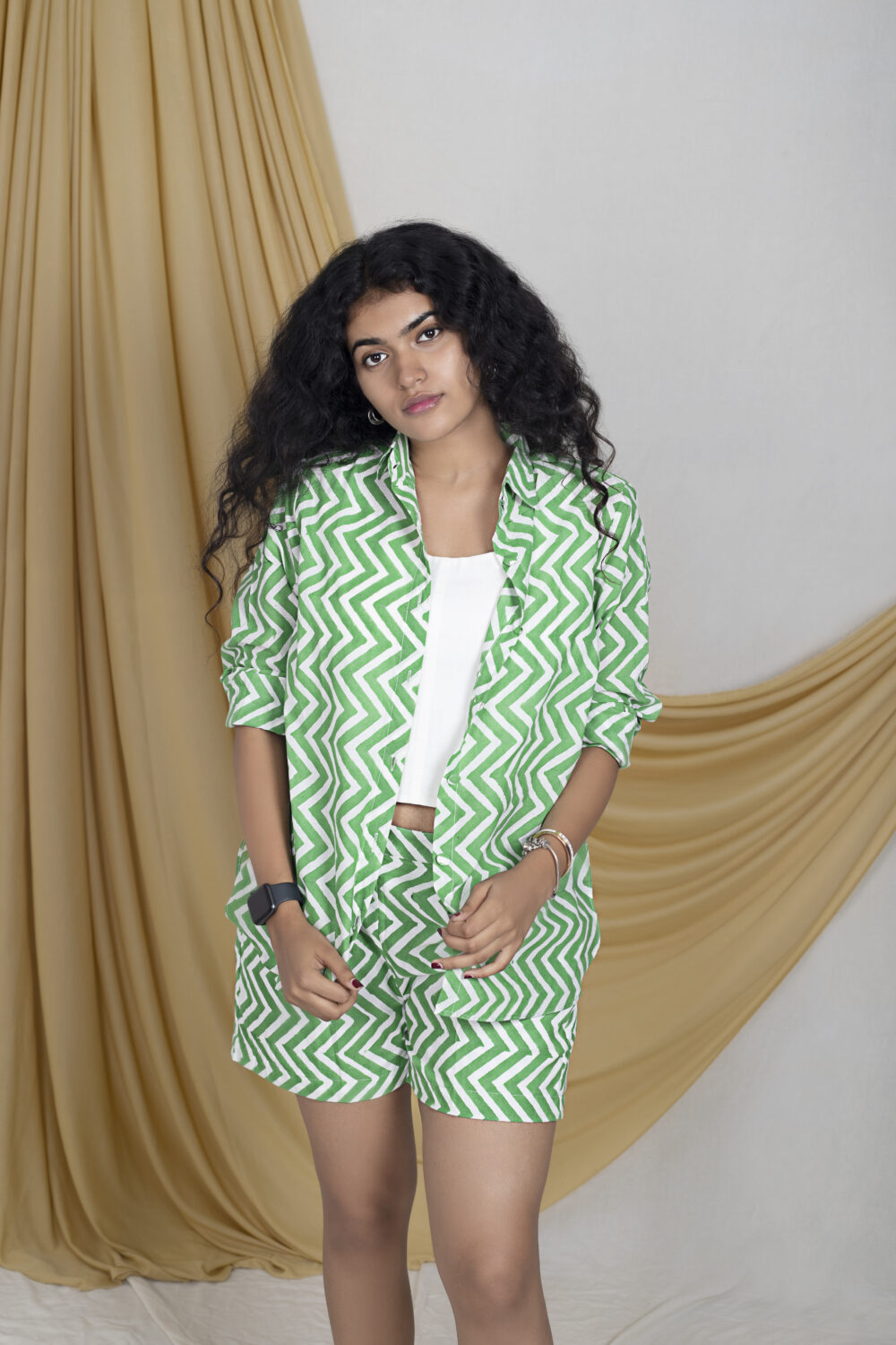 Woman wearing green co-ords set dubai