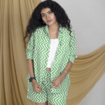 Handblock green and white shorts set | Co-ords set