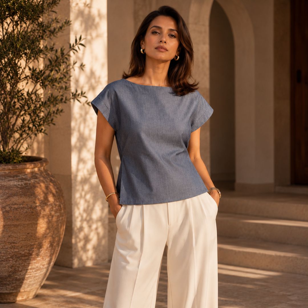 Blue Chambray Cotton Top for Women