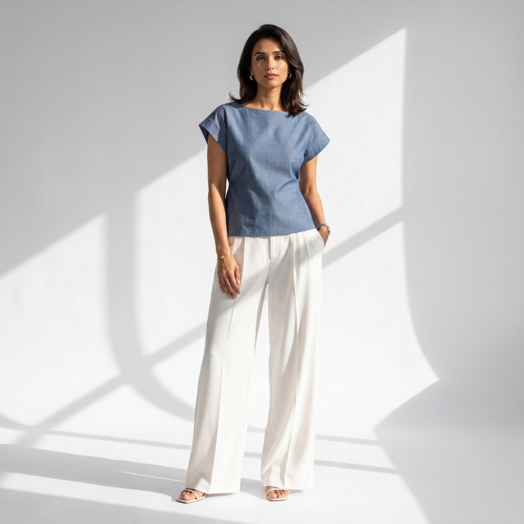 Blue Chambray Cotton Top for Women - Image 3
