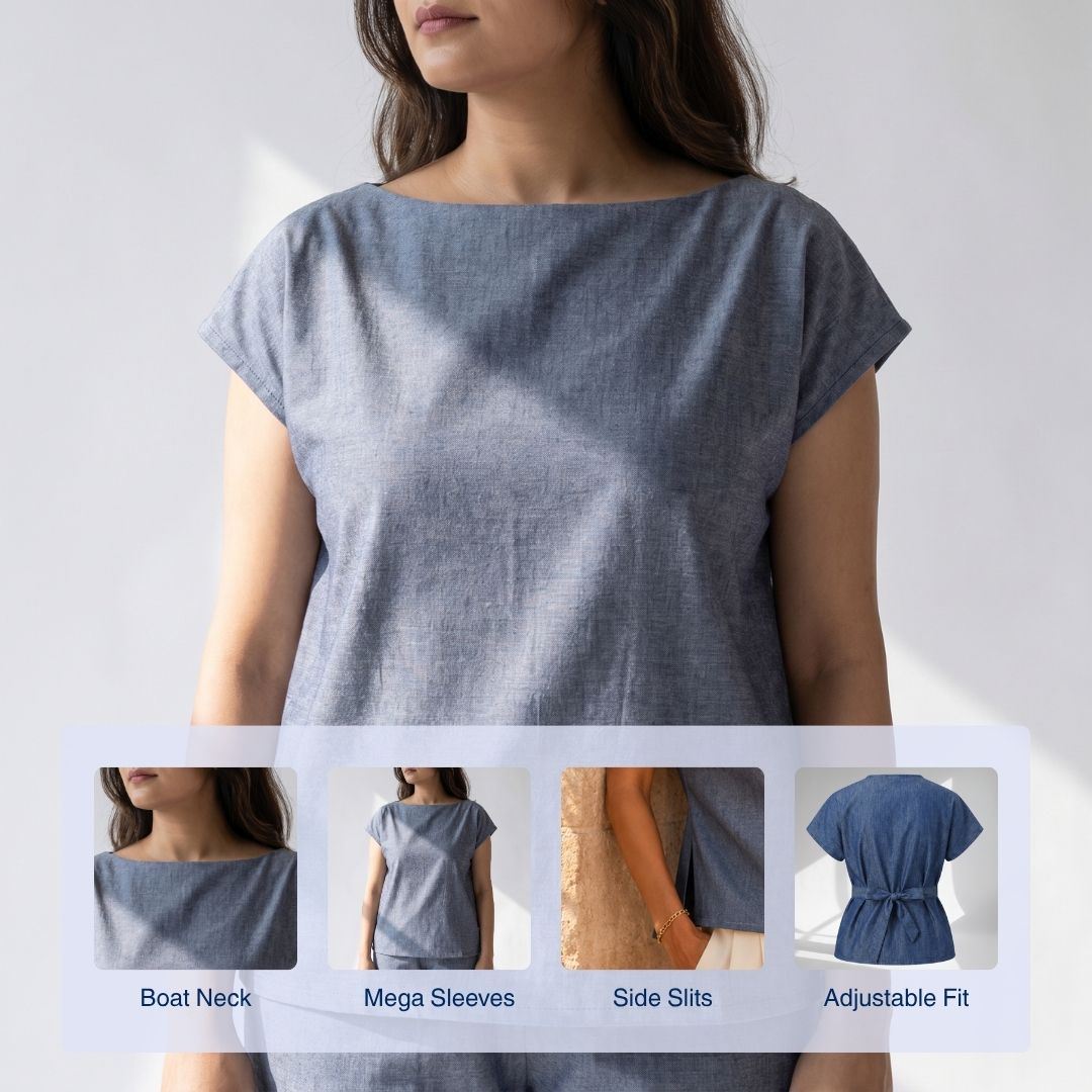 Blue Chambray Cotton Top for Women - Image 5