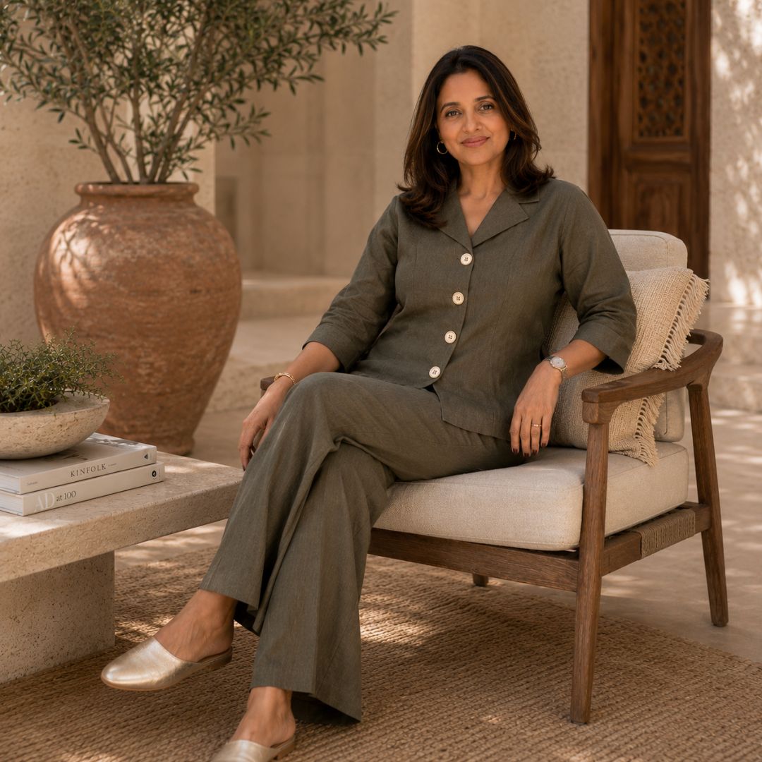 Green Linen Formal Co-ord Set for Women