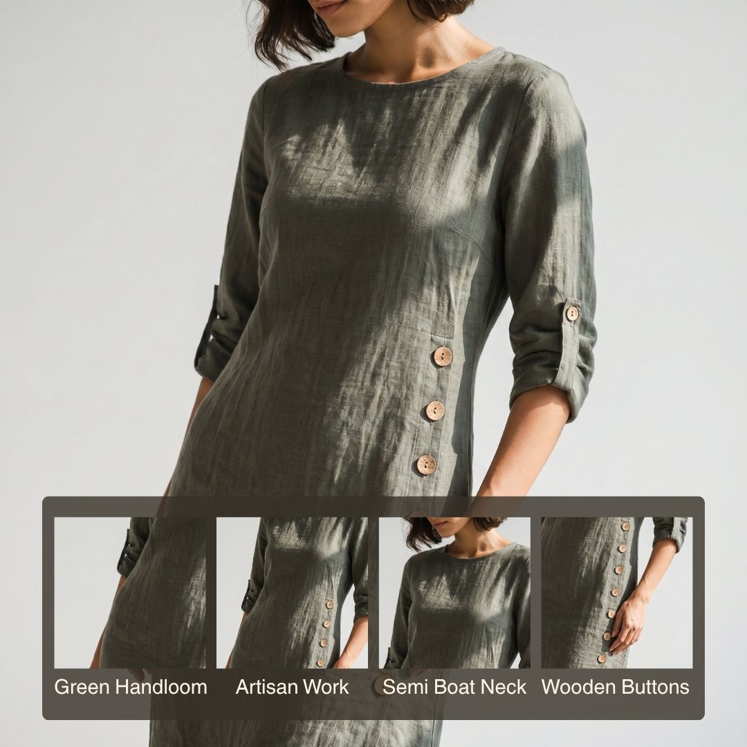 Green Handloom Cotton Dress - Image 5