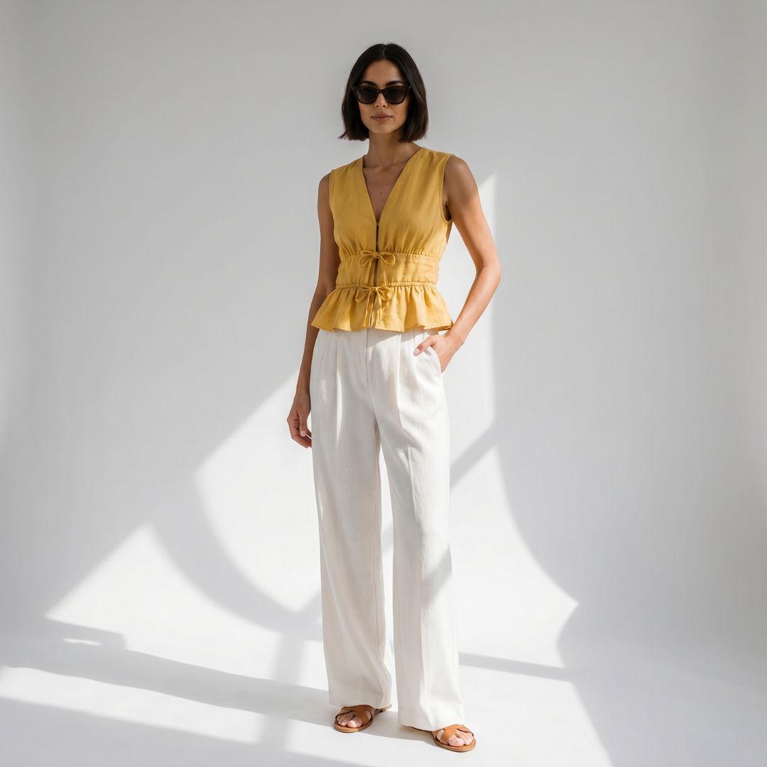 Yellow Organic Cambric Peplum Vest Top - Image 4