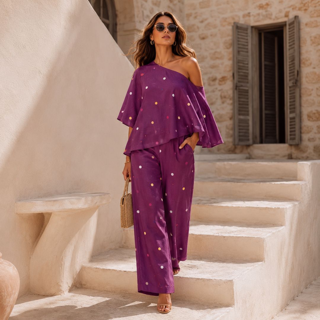 Purple Polka Dot One Shoulder Co-ord Set